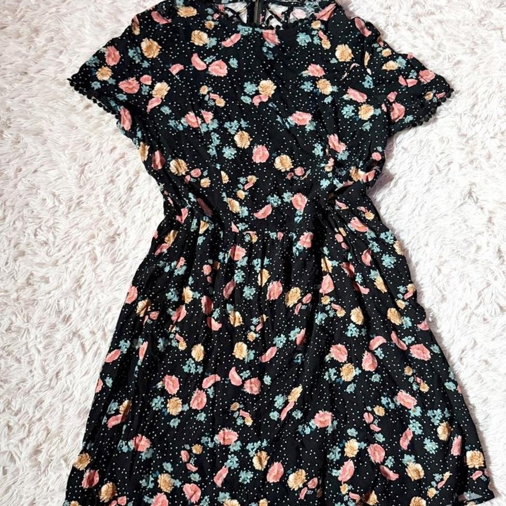 Floral Whimsygoth Retro Polka Dot Whimsical Strappy Back Mini Dress Womens L